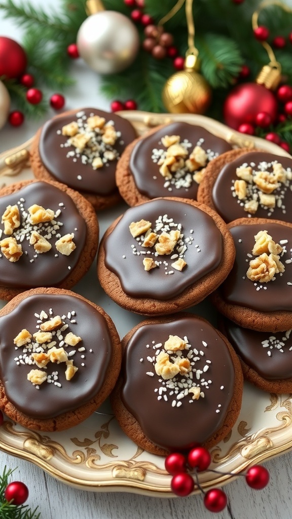 A plate of chocolate Afghan biscuits with icing and walnuts, decorated for Christmas.